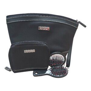 Rosetti Black Nylon Cosmetic Makeup Bag Set w/ Brush & Mirror Large Travel Pouch